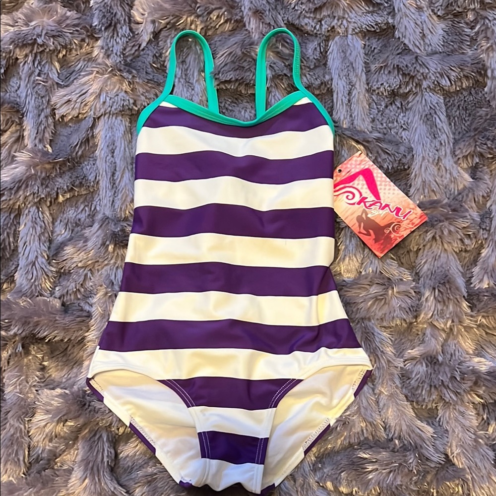 Kanu Surf Striped Purple and White Kids Swimsuit Size 6